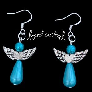 Hand Crafted Drop Earrings 3-D Articulating Angel Blue Pearl Silver Plate Wires